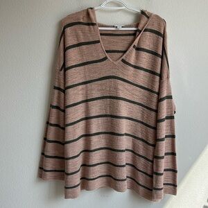 J. Jill Tan and Green Striped Gauze Hoodie Sweater